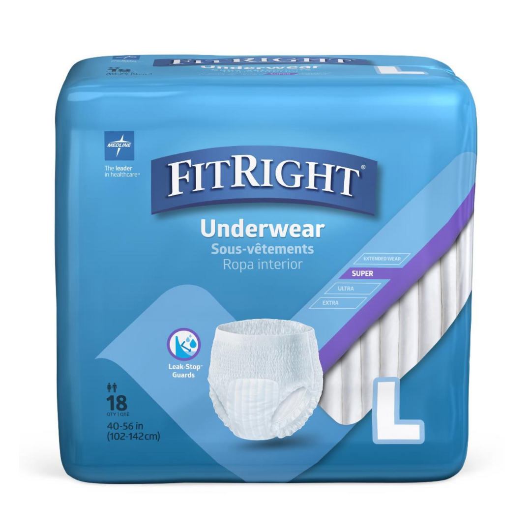 Package of FitRight Unisex Super Adult Incontinence Underwear in blue, displaying Super and Large. Features anti-leak guards and a super absorbent core. Contains 18 pieces for waist sizes 40-56 inches (102-142 cm).